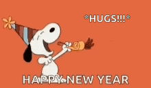 snoopy is wearing a party hat and blowing a party horn and saying `` hugs ! '' happy new year .