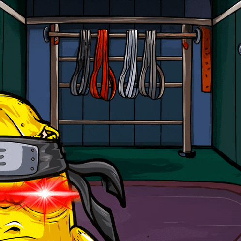 a cartoon character with a headband on has a red light coming out of his eye