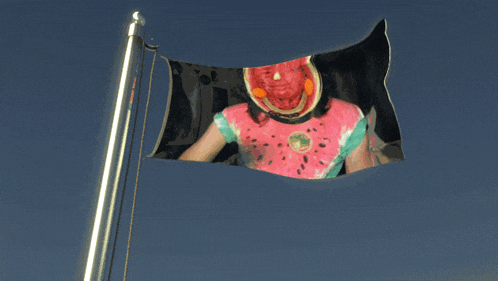 a flag with a picture of a girl in a watermelon shirt