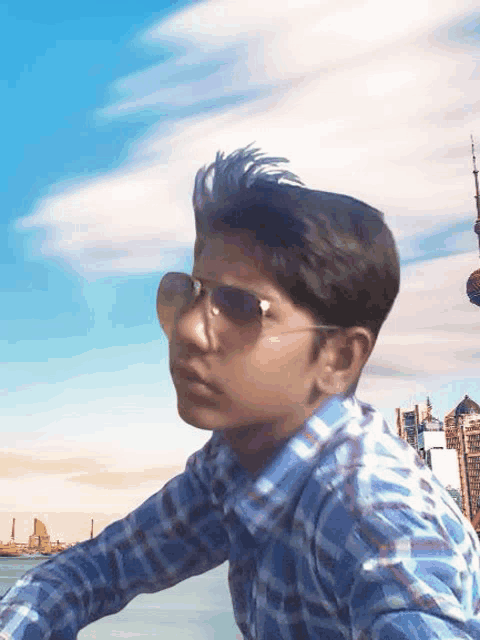 a young man wearing sunglasses and a plaid shirt poses for a picture