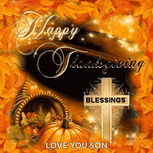 a thanksgiving card with a cornucopia and a cross