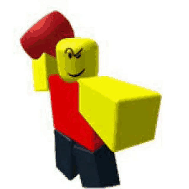 a yellow roblox character in a red shirt is holding a red hammer .