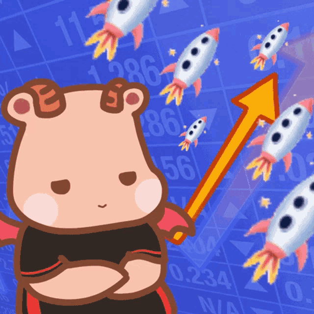 a cartoon bear is holding a sword with rockets flying around him
