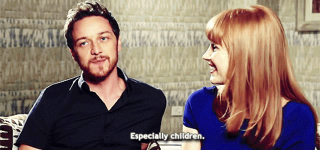 a man and a woman are sitting next to each other and the woman is saying " especially children "