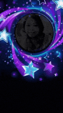 a picture of a woman in a circle surrounded by purple stars