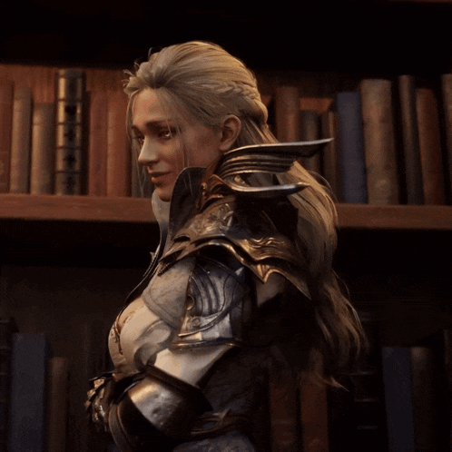 a woman in armor stands in front of a bookshelf with books