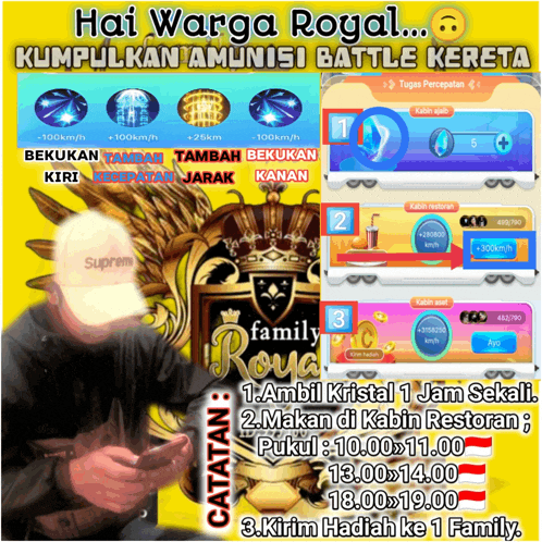 a poster for a game called hai warga royal kumpulan amunisi battle kereta