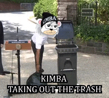 a cartoon of a bear wearing a kimba hat taking out the trash