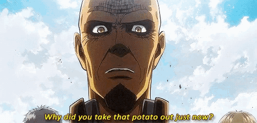 a man with a beard is talking to another man and says `` why did you take that potato out just now '' .