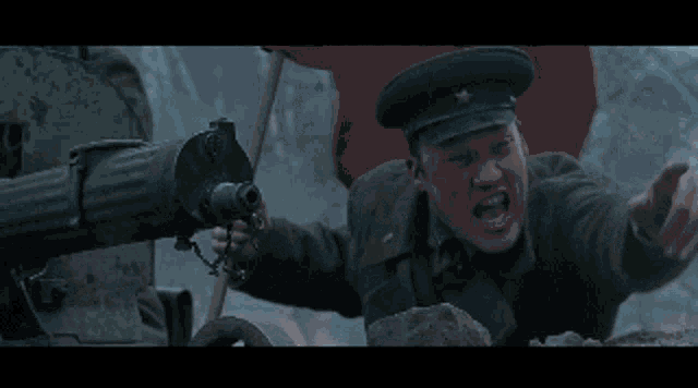 a group of soldiers are standing in a trench with smoke coming out of a cannon .