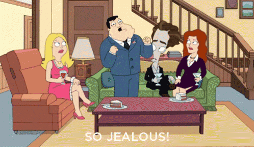 a group of cartoon characters are sitting around a coffee table with the words so jealous written below them