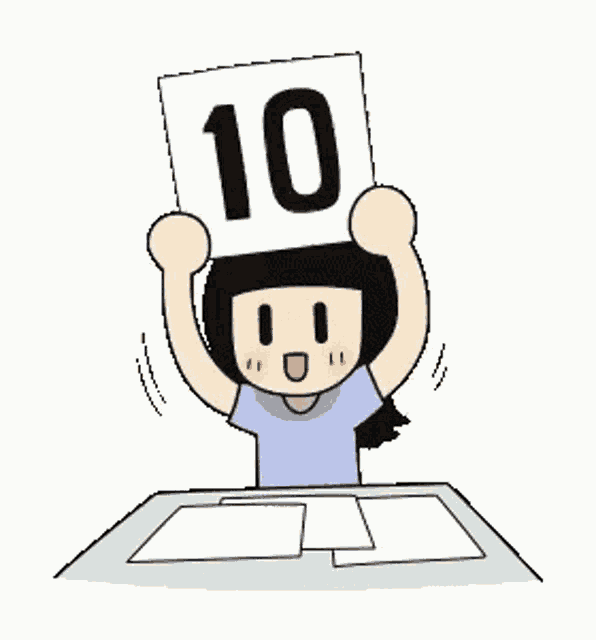 a cartoon girl is sitting at a table holding up a sign with the number 10 on it .