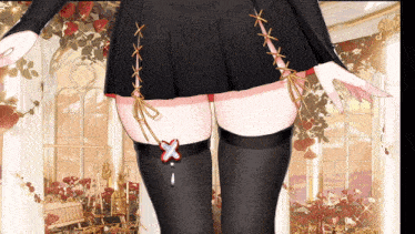 a girl in a black skirt and black thigh high stockings with a red x on the bottom