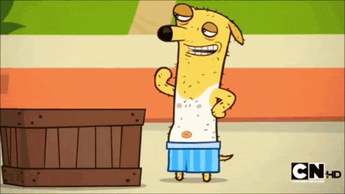 a cartoon dog is standing in front of a wooden crate with cn hd written on the bottom of the screen