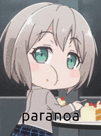 a cartoon girl is eating a piece of cake and the word paranoa is above her .