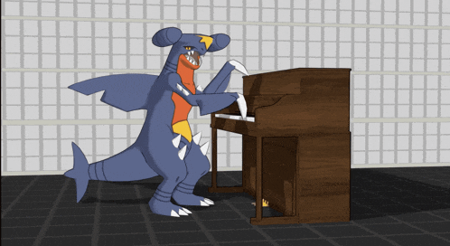 a cartoon of a shark playing a piano in a room