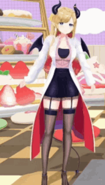 a cartoon girl with horns and wings is standing in front of a display of desserts .