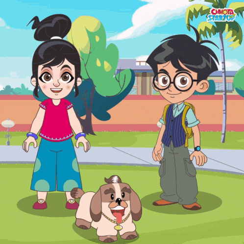 a cartoon of a boy and a girl standing next to a dog with chiquita starpop written on the bottom