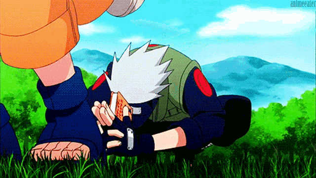 a cartoon character is kneeling down in the grass eating a pizza .
