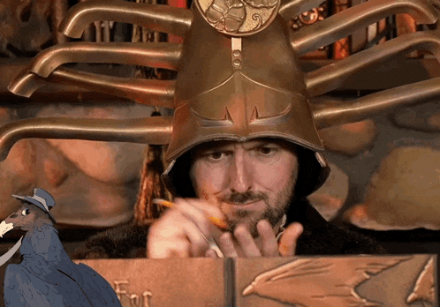 a man wearing a helmet holds a pencil in front of a book with the word for on it