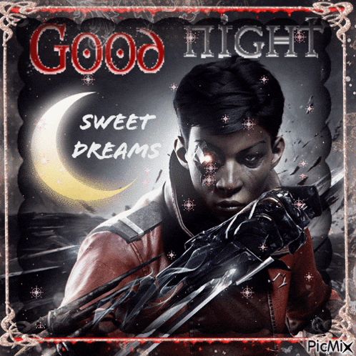 a picture of a man holding a sword with the words good night sweet dreams above him