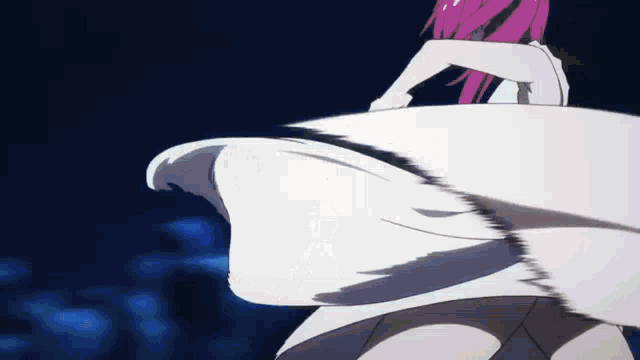 a girl with pink hair is wearing a white dress and dancing