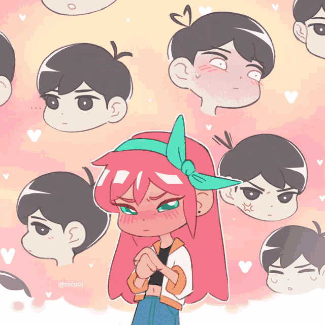 a drawing of a girl with pink hair surrounded by various faces