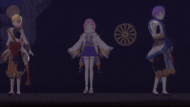 three anime characters are dancing on a stage in a dark room