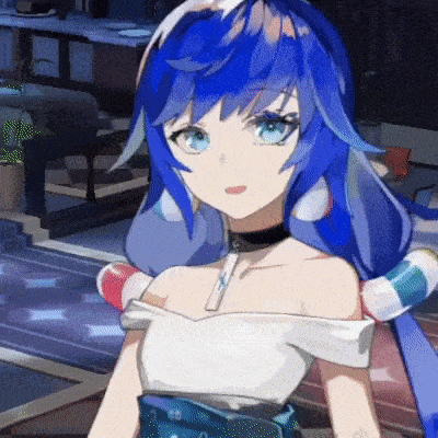 a girl with blue hair and blue eyes is wearing a white top