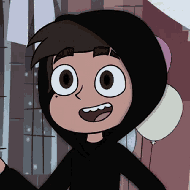 a cartoon character is wearing a black hoodie with balloons behind him