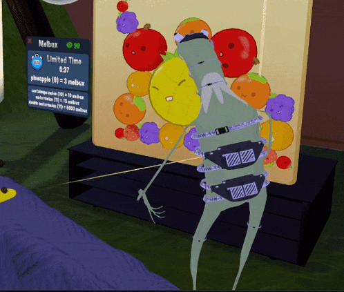 a cartoon character stands in front of a sign that says melbox limited time