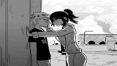 a black and white drawing of a girl hugging a boy