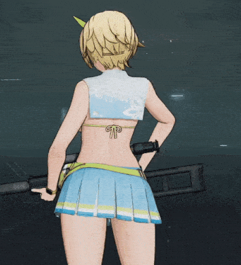 a girl in a bikini is holding a gun in a video game
