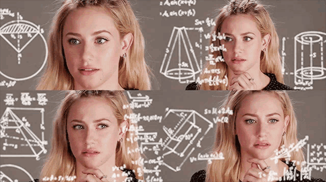 a woman is standing in front of a chalkboard with mathematical equations on it