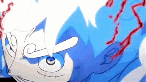 a close up of a cartoon character 's face with a blue background and red lines coming out of his eyes .