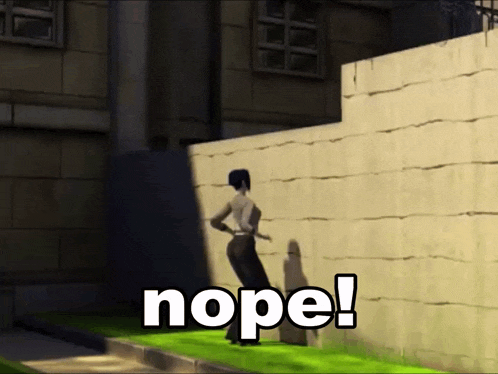 a cartoon of a woman jumping over a wall with the words nope written on the bottom