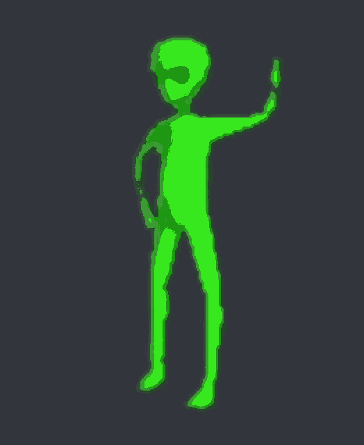 a green alien with long arms and legs is walking on a dark background .