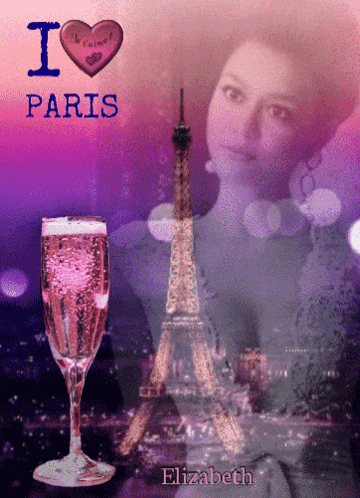 a poster that says i love paris with a woman and a glass of champagne