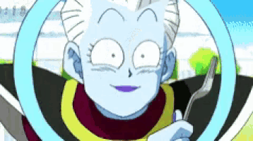 a cartoon character is holding a fork in his hand and smiling