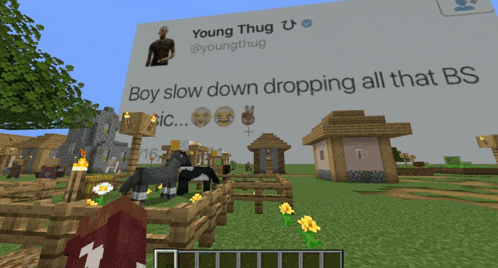 a screenshot of a minecraft game with a tweet by young thug