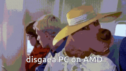 a man in a straw hat is sitting on an airplane with the words disgaea pc on amd