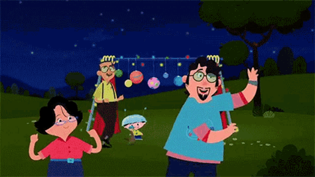 a group of cartoon characters are standing in a field .