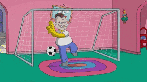 a cartoon of a man kicking soccer balls in a goal .