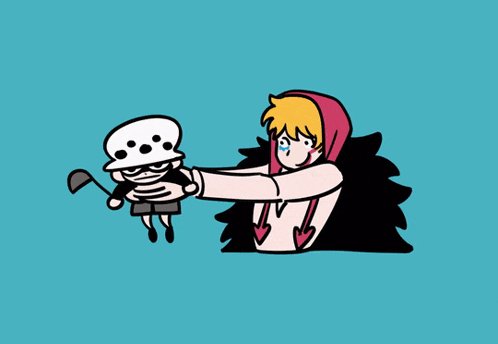 a cartoon drawing of a man holding a skeleton