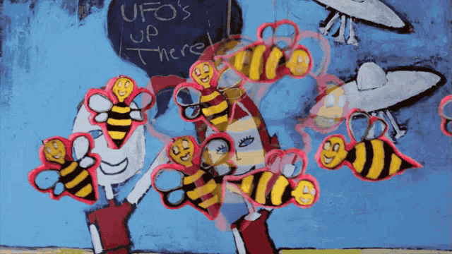 a painting of bees and a sign that says ufos up there