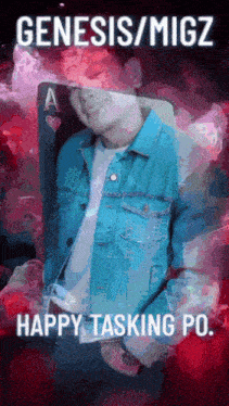 a man in a blue denim jacket is holding an ace of hearts playing card