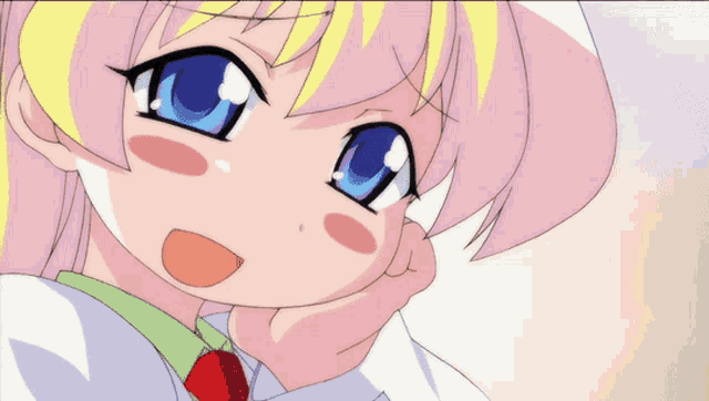 a girl with pink hair and blue eyes is looking at the camera