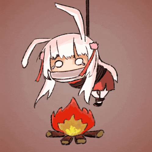 a drawing of a girl tied to a rope with a fire in the background
