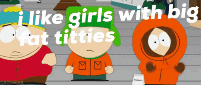 a cartoon of south park characters with the words i like girls with big fat titties