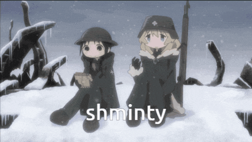 two anime characters sitting in the snow with the word shminty on the bottom right